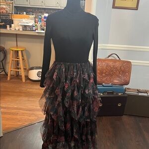 Black Long Sleeve Top with Floral Ruffle Skirt